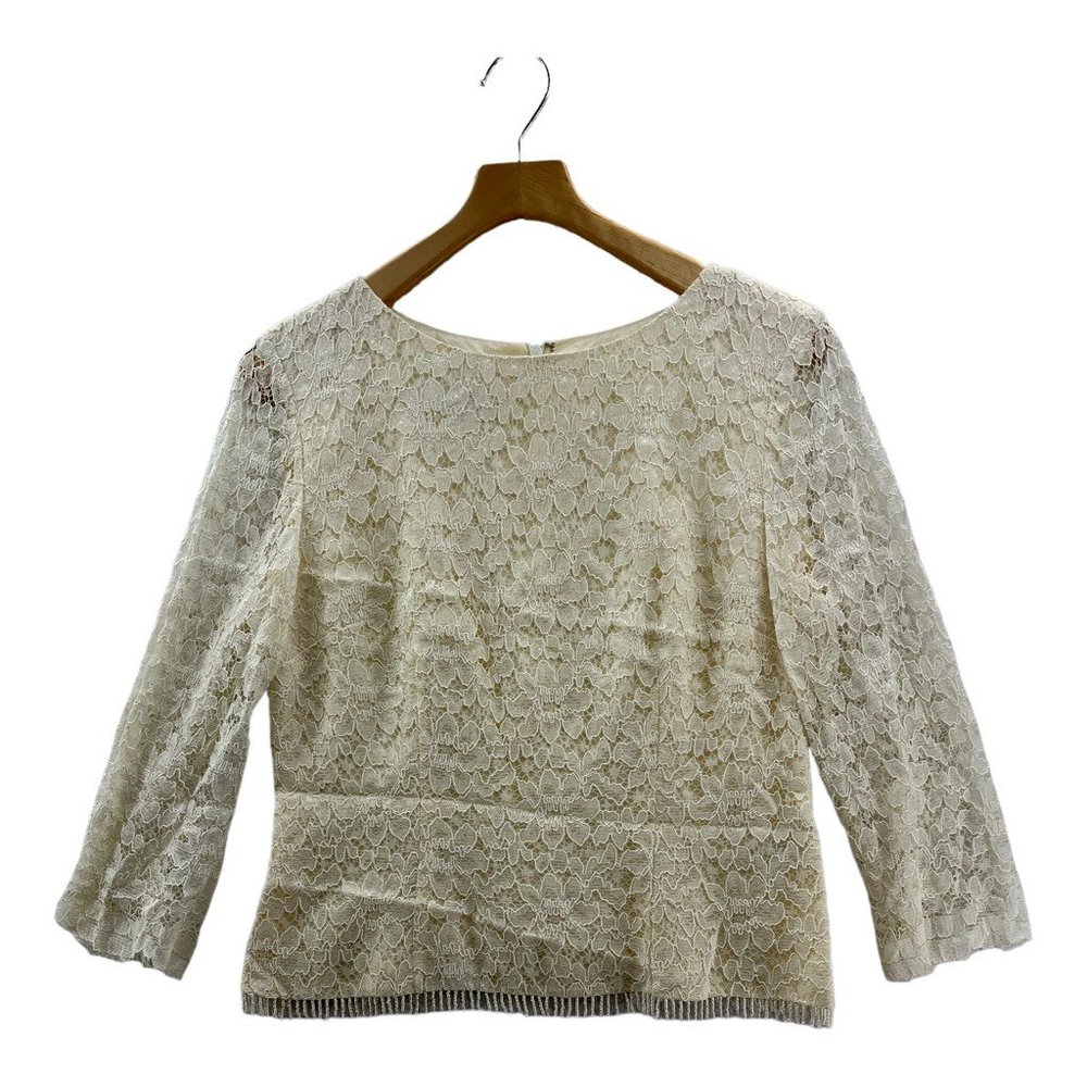 Vintage David Warren Womens Jewel Neck Zip Blouse Beige 3/4 Sleeve Lace Beads 10